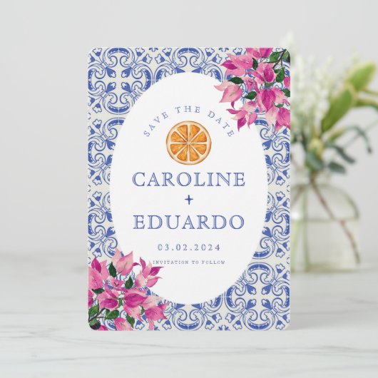 Bougainvillea Blue tile Wedding QR Code Save The Date (Stehend Vorderseite)