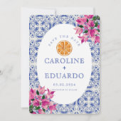 Bougainvillea Blue tile Wedding QR Code Save The Date (Vorderseite)