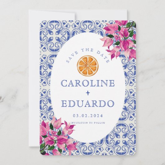 Bougainvillea Blue tile Wedding QR Code Save The Date (Vorderseite)