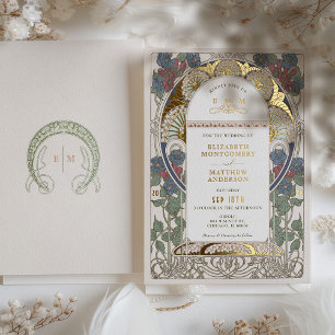 Bougainvillea Burgundy Blue Wedding Art Nouveau Folieneinladung