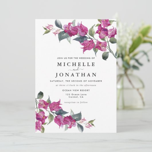 Bougainvillea Burgundy Pink Floral Wedding Einladung (Stehend Vorderseite)