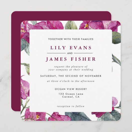 Bougainvillea Burgundy Pink Green Floral Wedding I Einladung (Vorne/Hinten)