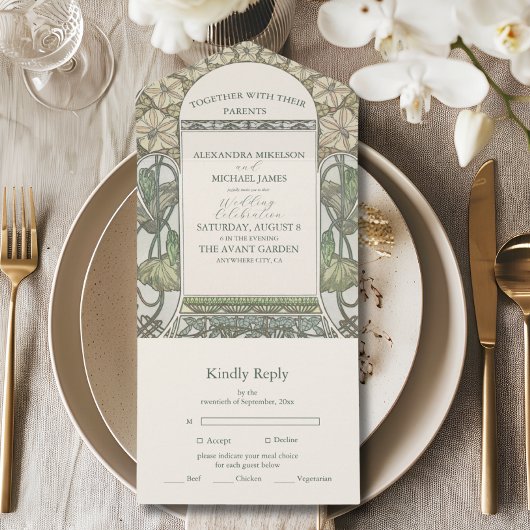 Bougainvillea Green Art Nouveau Mucha Wedding All In One Einladung