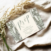Bougainvillea Green Art Nouveau Mucha Wedding RSVP Karte