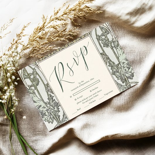 Bougainvillea Green Art Nouveau Mucha Wedding RSVP Karte