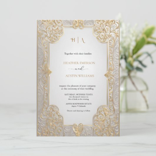 Bougainvillea Green Gold Wedding Art Nouveau Mucha Einladung (Stehend Vorderseite)