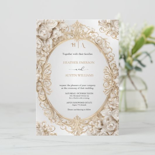 Bougainvillea Green Gold Wedding Art Nouveau Mucha Einladung (Stehend Vorderseite)