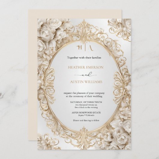 Bougainvillea Green Gold Wedding Art Nouveau Mucha Einladung (Vorne/Hinten)