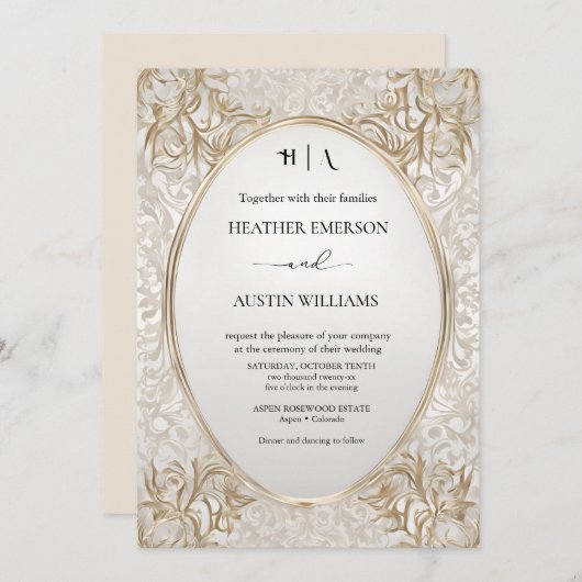 Bougainvillea Green Gold Wedding Art Nouveau Mucha Einladung (Vorne/Hinten)