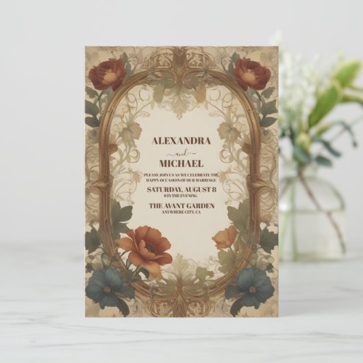 Bougainvillea Green Wedding Art Nouveau Mucha Einladung (Stehend Vorderseite)