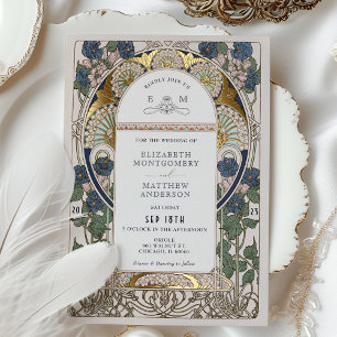 Bougainvillea Navy Blau Gold Hochzeit Art Nouveau Folieneinladung