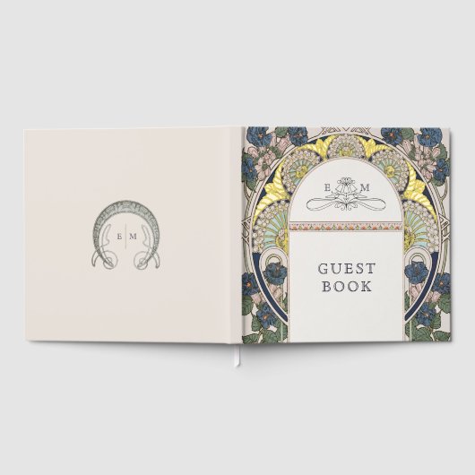 Bougainvillea Navy Blue Gold Wedding Art Nouveau Gästebuch (Voll)