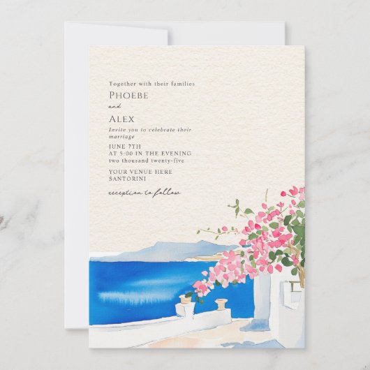 Bougainvillea Santorini Hochzeit in Urlaubsort Einladung (Vorderseite)