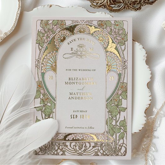 Bougainvillea Save the Date Green Gold Art Nouveau Folieneinladung