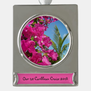 Bougainvillea und Palme tropische Naturszene Banner-Ornament Silber