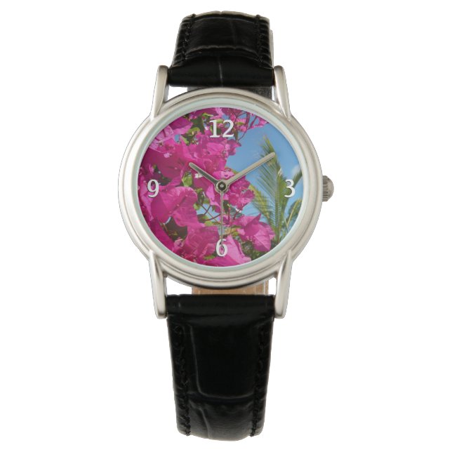 Bougainvillea und Palmen Tropische Natur Armbanduhr (Vorderseite)