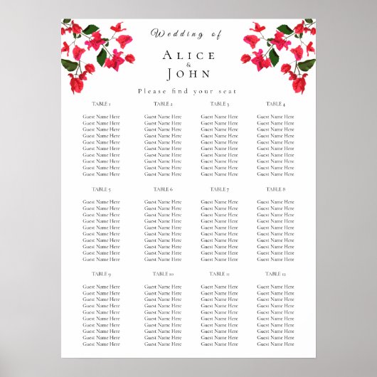 Bougainvillea Wedding Poster Sitzkarten (Vorne)