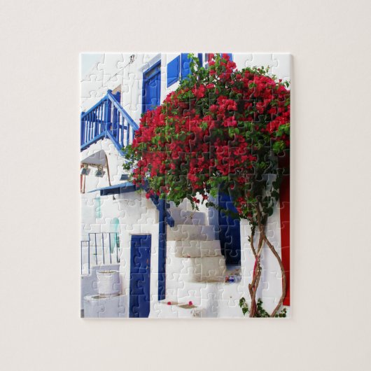 Bouganvilla, das auf Haus in Mykonos, Griechenland Puzzle (Vertikal)