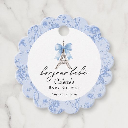 Boujour Bebe Paris French Toile Blue Baby Dusche Geschenkanhänger (Vorderseite)