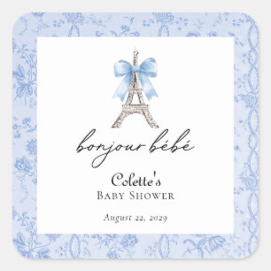 Boujour Bebe Paris French Toile Blue Baby Dusche Quadratischer Aufkleber