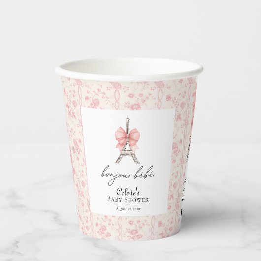 Boujour Bebe Paris French Toile Pink Baby Dusche Pappbecher (Vorderseite)