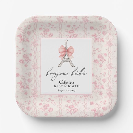 Boujour Bebe Paris French Toile Pink Baby Dusche Pappteller (Vorderseite)