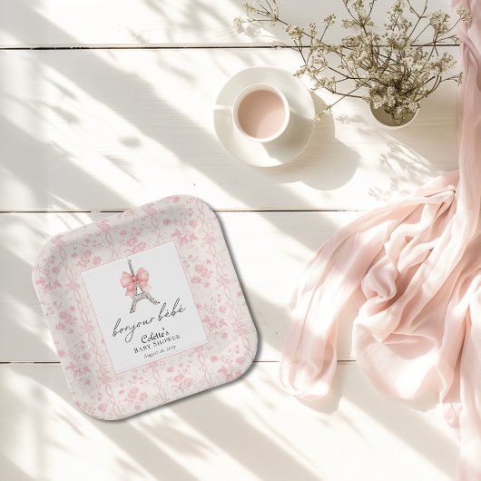Boujour Bebe Paris French Toile Pink Baby Dusche Pappteller