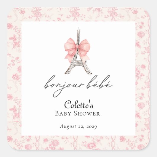 Boujour Bebe Paris French Toile Pink Baby Dusche Quadratischer Aufkleber (Vorderseite)