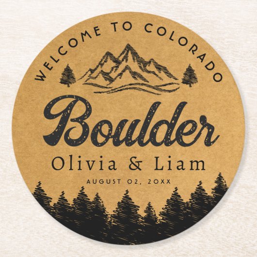 Boulder Colorado Wedding Minimalistisch Welcome Runder Pappuntersetzer (Vorderseite)