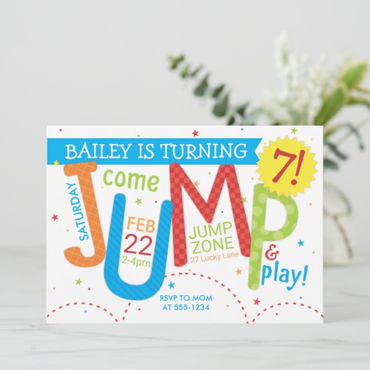 Bounce House Jump Boy Birthday Party Primär Einladung (Stehend Vorderseite)