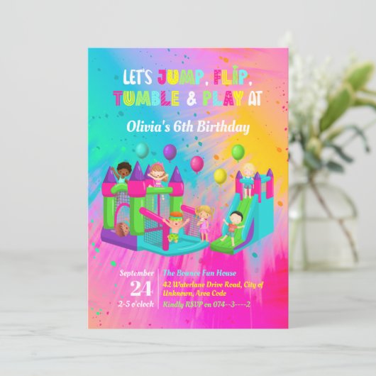 Bounce House Jump Trampolin Kindergeburtstag Einladung (Stehend Vorderseite)