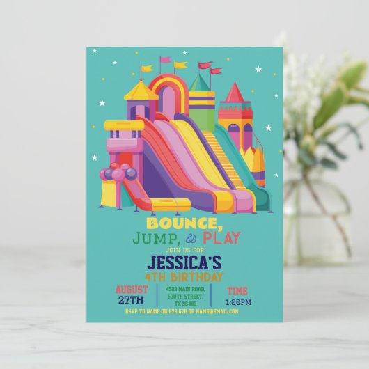 Bouncy Castle Birthday Party Jump Bounce Aquamarin Einladung (Stehend Vorderseite)