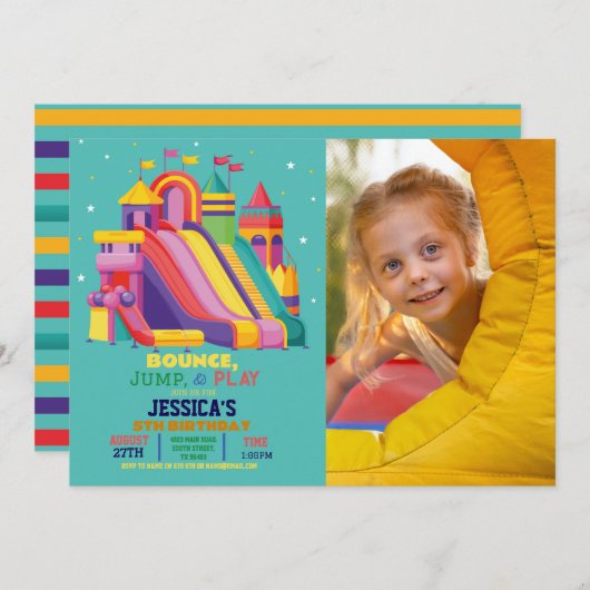 Bouncy Castle Birthday Party Jump Bounce Foto Einladung (Vorne/Hinten)