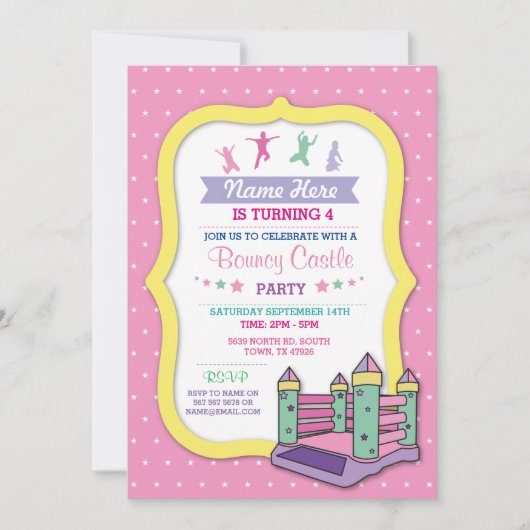 Bouncy Castle Party Rosa Kindergeburtstag Einladun Einladung (Vorderseite)