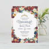Bounitful Garden Royal Blue Red Floral Quinceanera Einladung (Stehend Vorderseite)