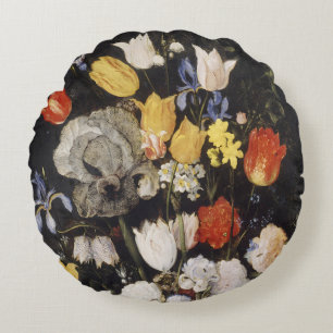 Bouquet aus Blume in einer Erdenware-Vase (1610) Rundes Kissen
