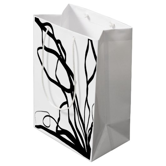 Bouquet Blanc: Abstrakt Weiß und Schwarz Mittlere Geschenktüte (Rückseite Schrägansicht)
