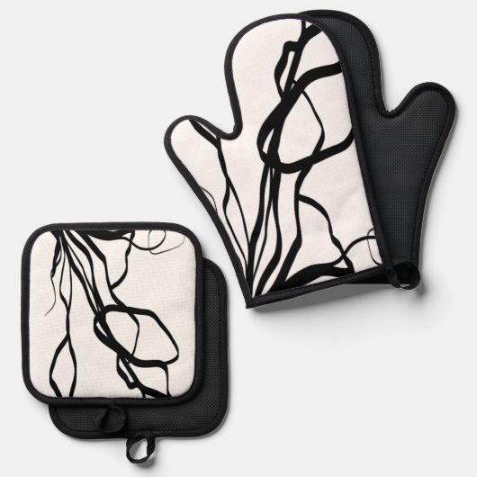 Bouquet Blanc: Abstrakt Weiß und Schwarz Ofenhandschuh & Topflappen-Set (Vorderseite/Rückseite)
