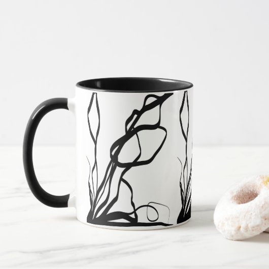 Bouquet Blanc: Abstrakt Weiß und Schwarz Tasse (Mit Donut)