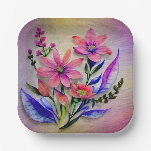 Bouquet-Blume in Aquarellfarben, farbenfroher Hint Pappteller (Vorderseite)