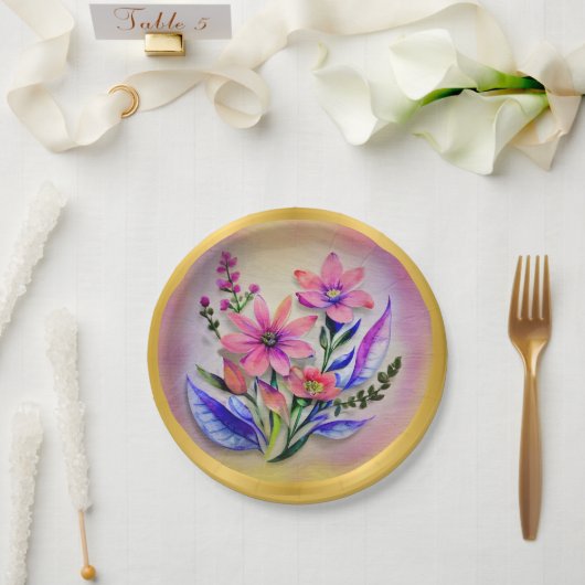 Bouquet-Blume in Aquarellfarben, farbenfroher Hint Pappteller (Hochzeit)