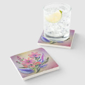 Bouquet-Blume in Aquarellfarben, farbenfroher Hint Steinuntersetzer (Seitenansicht)