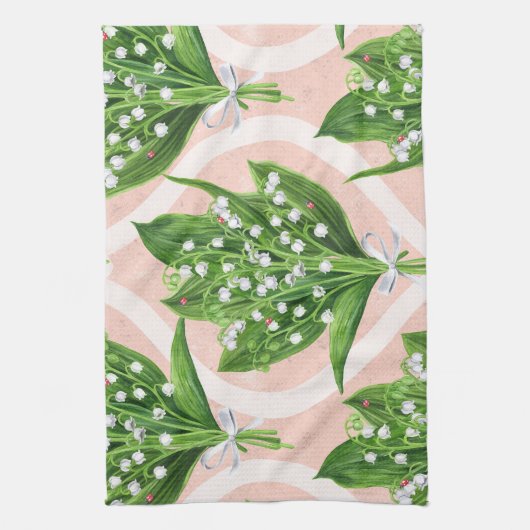 Bouquet der Lilie des Tals Blume auf rosa Geschirrtuch (Vertikal)