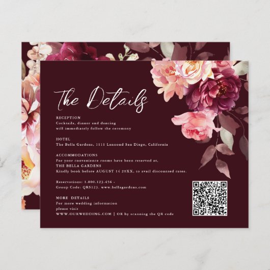Bouquet Floral Burgundy QR-Code Details Hochzeit (Vorne/Hinten)