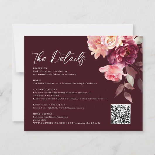 Bouquet Floral Burgundy QR-Code Details Hochzeit (Vorderseite)
