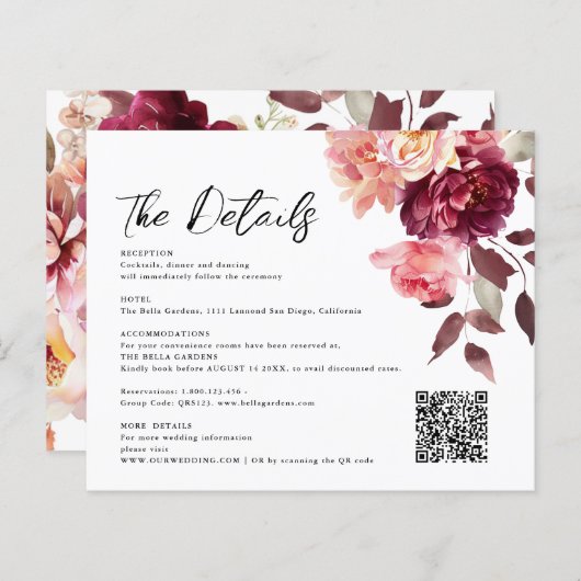 Bouquet Floral Burgundy QR-Code Details Hochzeit (Vorne/Hinten)