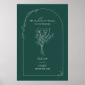 Bouquet Line Art Emerald Wedding Welcome Poster (Vorne)