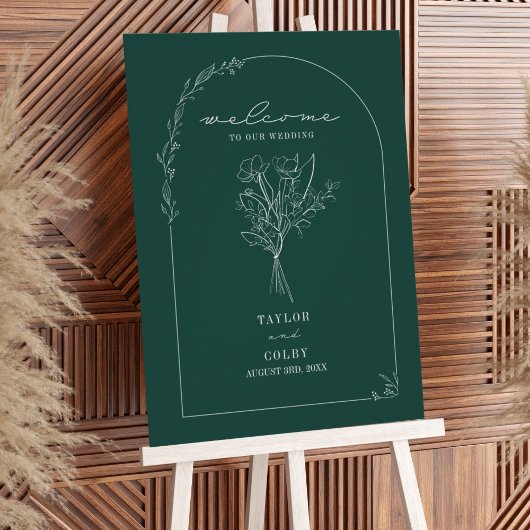 Bouquet Line Art Emerald Wedding Welcome Poster