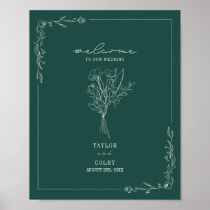 Bouquet Line Art Emerald Wedding Willkommen Poster