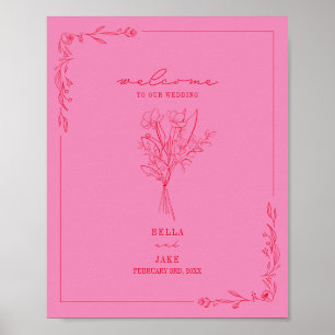 Bouquet Line Art Pink Red Wedding Empfang Poster
